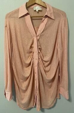 Oli & Hali Tunic Top Womens Small Pink Sheer Ribbed Button Up Boho Lagenlook